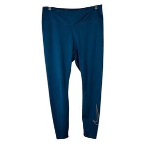 Nike Dri-Fit Teal Blue Leggings Size Large Gold Swoosh Logo Workout Athletic